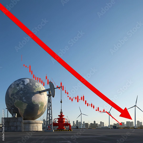 Obraz Global Oil Price Decline Economic Crisis Red Arrow Chart risk drop fall data graph world power stock