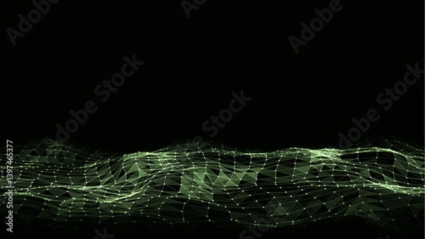 Fototapeta Abstract technology wave of particles. Big data visualization. Vector dark background with motion dots and lines. Artificial intelligence.