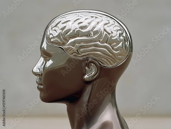 Fototapeta Side view of abstract human head sculpture with engraved brain lines and metallic surface set against soft neutral background in conceptual science inspired photo