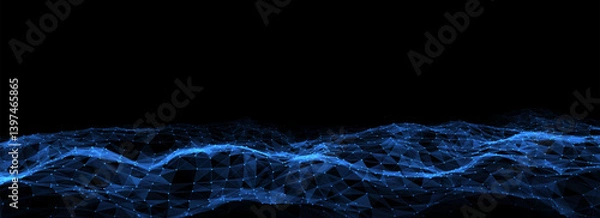 Fototapeta Abstract technology wave of particles. Big data visualization. Vector dark background with motion dots and lines. Artificial intelligence.