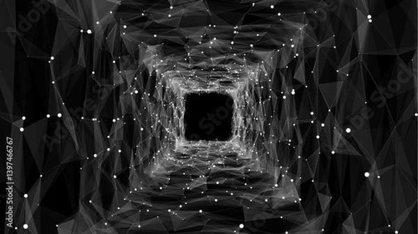 Fototapeta Abstract wireframe square tunnel. Vector blue wormhole. 3D portal grid. Futuristic fantasy funnel.