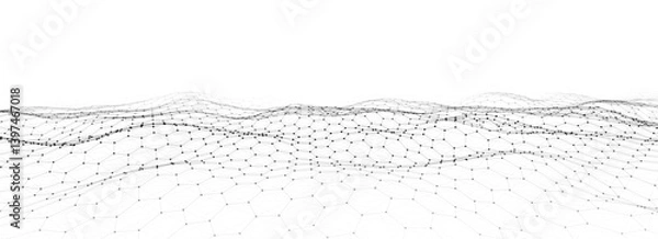 Fototapeta Futuristic vector hexagon wave. Dark cyberspace. Abstract wave with dots and line. Black moving particles on a white background.