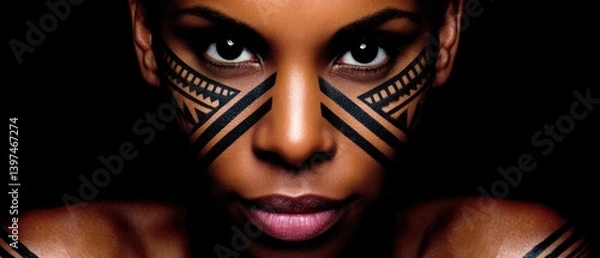 Fototapeta Woman with abstract tribal face paint in symmetrical pattern staring directly at viewer with sharp contrast lighting on dark background evoking intensity and symbolism