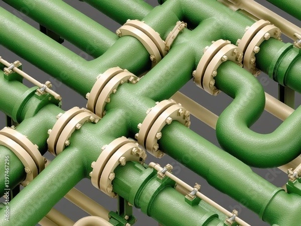 Obraz Industrial array of green pipes with clamps intersecting diagonally forming dense symmetrical structure in top down view isolated against solid background