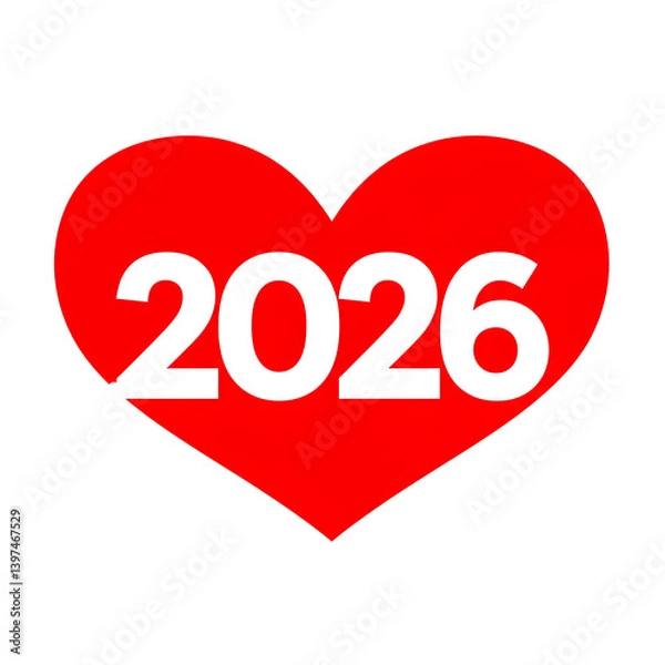Obraz Red Heart Shape 2026 New Year Design Illustration love cute bold icon flat card white clean sweet   