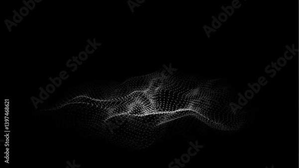 Fototapeta Abstract technology wave of particles. Big data visualization. Vector dark background with motion dots and lines. Artificial intelligence.