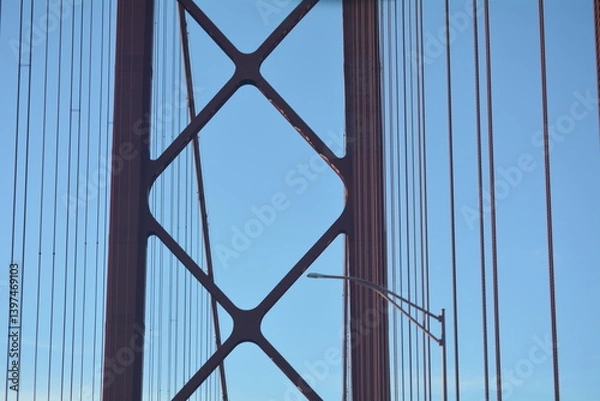 Fototapeta Iconic suspension bridge framework stands against a clear sky during daylight hours showcasing modern engineering design