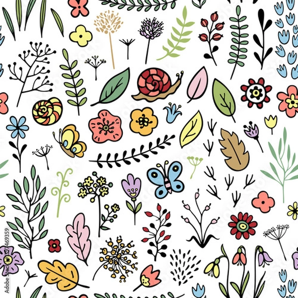 Obraz Seamless Pattern of Vector Plants and Flowers