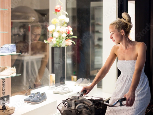Fototapeta Casual young lady on bicycle wearing white summer dress window shopping in front of sinfully expensive boutique store display window. Customer woman in shopping street looking at window an night.
