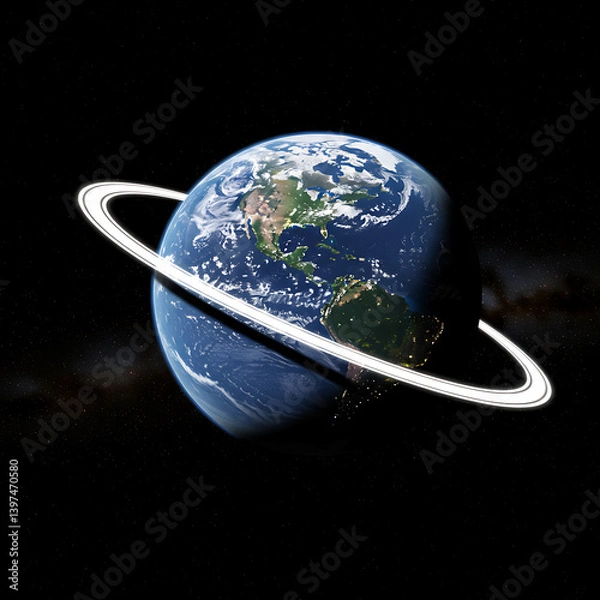 Obraz Stunning Realistic Earth Planet with Bright Ring Space Background Digital Art Illustration 3d blue  