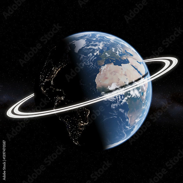 Obraz Stunning Earth Planet with Rings Space Scene Digital Art Background Sky Dark Blue Glow World Night  