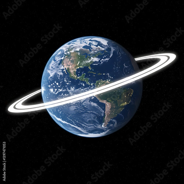 Obraz Stunning Earth Planet with Bright Ring Space Scene Digital Art Illustration 3D Sky Blue Dark Glow   