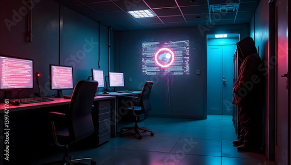 Obraz Step into a high-tech hacker workspace designed for cinematic projects, digital content creation, and futuristic design needs. This realistic hacker scene features a dark and moody environment,
