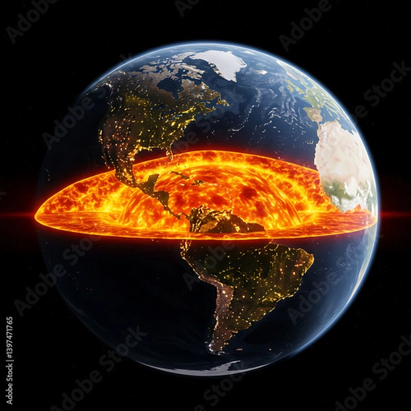 Obraz Earth's Molten Core Fiery Planet Global Heat Internal Structure Visualization 3D Render Hot Red Lava