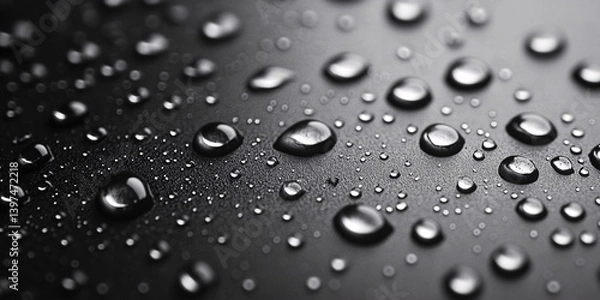 Fototapeta Close-up of water droplets on a dark surface. Macro photography showcases the texture and detail of the water.