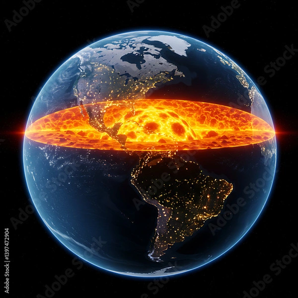 Obraz Earth Core Cross Section Global View Hot Mantle Planet 3d fire lava heat blue magma world space     