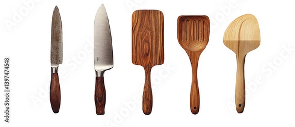 Fototapeta A collection of kitchen utensils including knives and spatulas arranged neatly on a clean surface