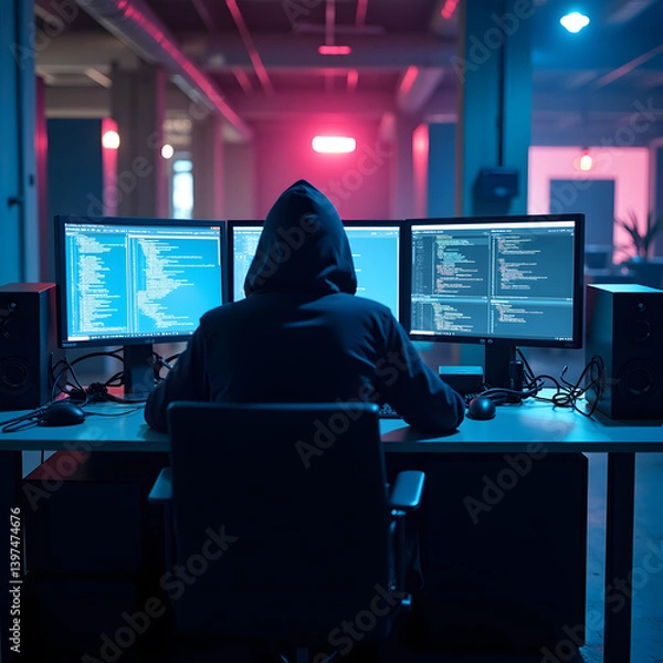 Obraz Step into a high-tech hacker workspace designed for cinematic projects, digital content creation, and futuristic design needs. This realistic hacker scene features a dark and moody environment,