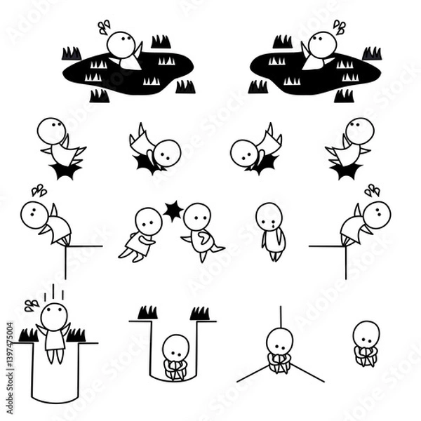 Fototapeta アクシデントが起こる不運な白黒で可愛いミニキャラのセット