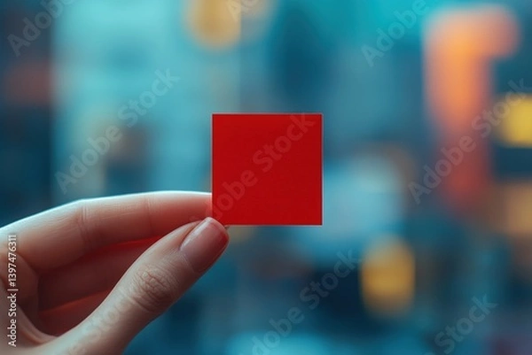 Obraz Close-up of a hand gently holding a vibrant red paper rectangle against a blurred office background