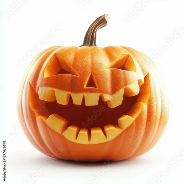 Obraz A hilarious carved pumpkin jack-o'-lantern with a wide grin for halloween decorations, isolated on white background
