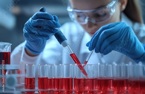 Fototapeta Close-up of a female scientist's hand in a blue nitrile glove precisely using a pipette to mix a chemical solution