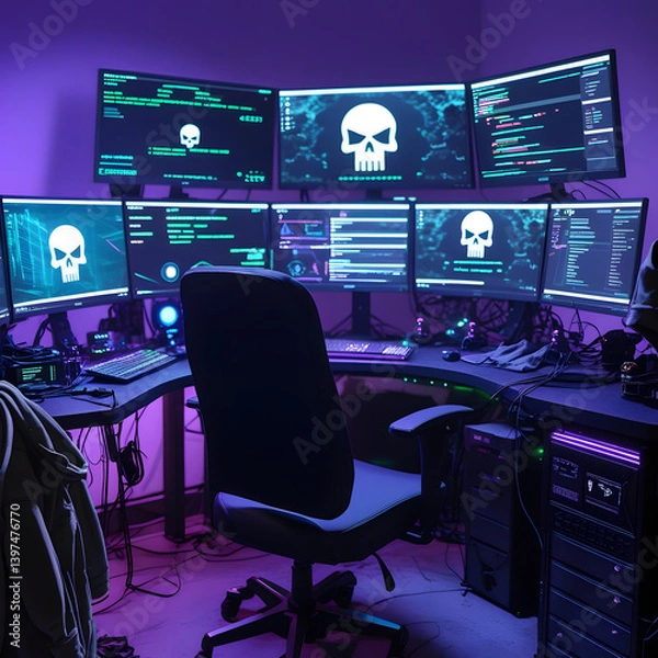 Obraz Step into a high-tech hacker workspace designed for cinematic projects, digital content creation, and futuristic design needs. This realistic hacker scene features a dark and moody environment,