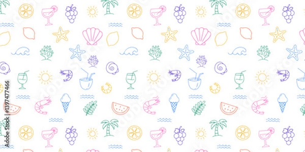 Fototapeta Colorful summer doodle seamless pattern background with cute tropical icons palm tree, lemon, shell, cocktail, starfish, sun, wave, ice cream multicolor line art