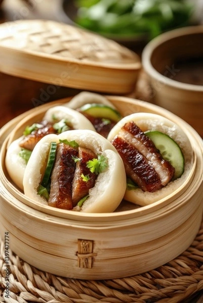 Fototapeta Steamed buns filled with succulent meat, garnished with fresh cu