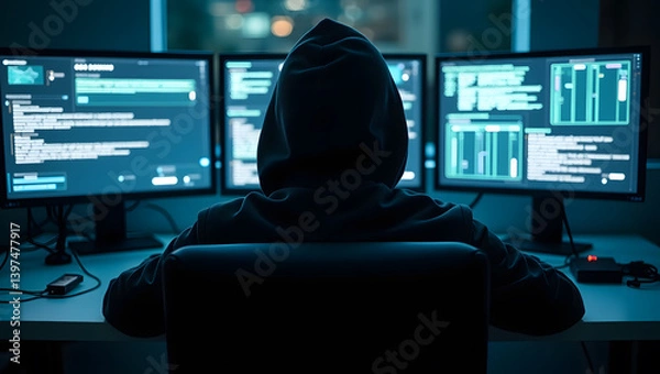 Obraz Step into a high-tech hacker workspace designed for cinematic projects, digital content creation, and futuristic design needs. This realistic hacker scene features a dark and moody environment,