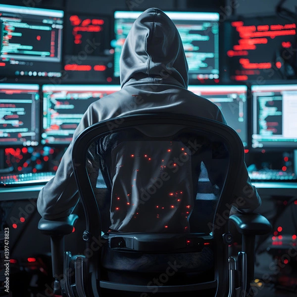 Fototapeta Step into a high-tech hacker workspace designed for cinematic projects, digital content creation, and futuristic design needs. This realistic hacker scene features a dark and moody environment,
