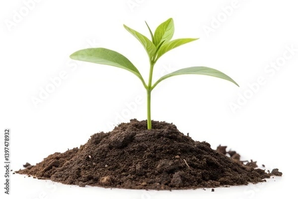 Obraz Green plants sprouting from the Soil Heap Isolated on a White Background
