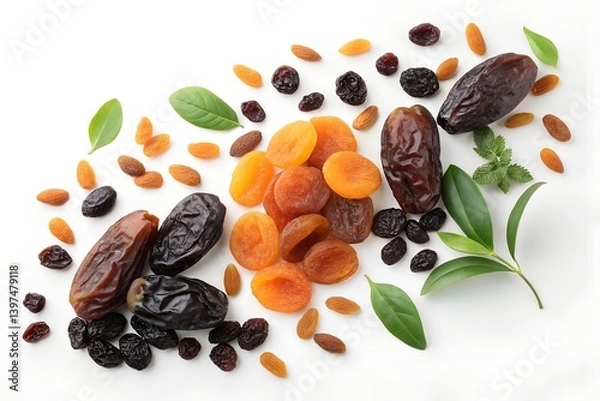 Obraz Dates, Dried Apricots, Prunes, Raisins Scattered on a White Background
