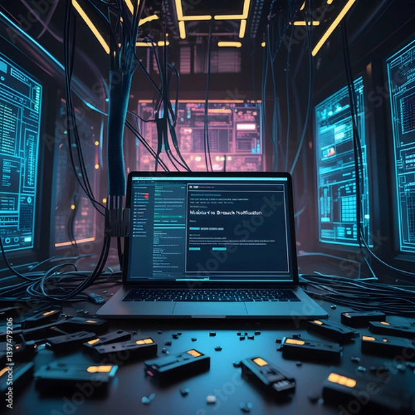 Obraz Step into a high-tech hacker workspace designed for cinematic projects, digital content creation, and futuristic design needs. This realistic hacker scene features a dark and moody environment,