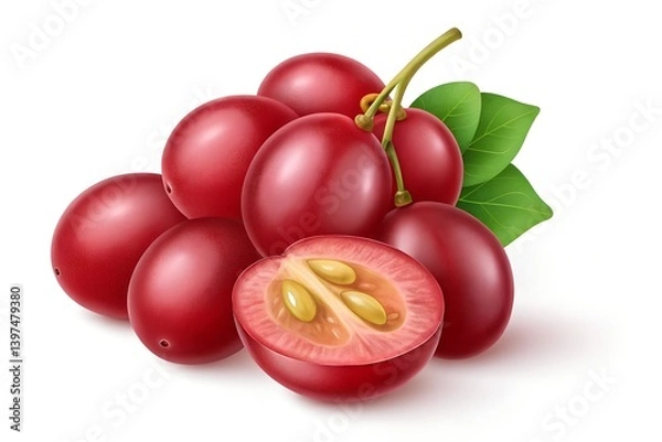 Obraz Cluster of Red Grapes with One Sliced Grape Showing Interior, Isolated on White Background