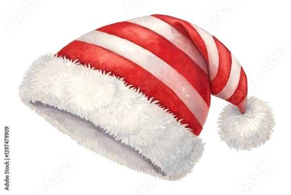 Obraz Red and White Santa Hat with Fluffy Trim Isolated on a White Background