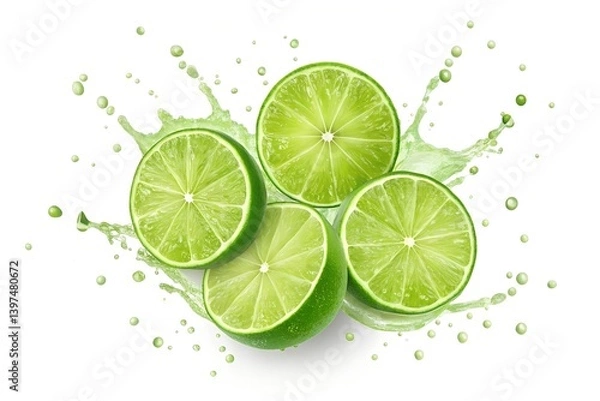 Obraz Fresh Lime Halves and Slices with Juice Splashes on a White Background