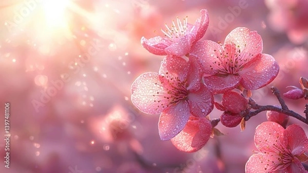 Fototapeta Vibrant peach blossom flowers in full bloom under golden spring sun rays with soft blurred tree background, featuring large banner area and clean copy space for branding or promotional content.