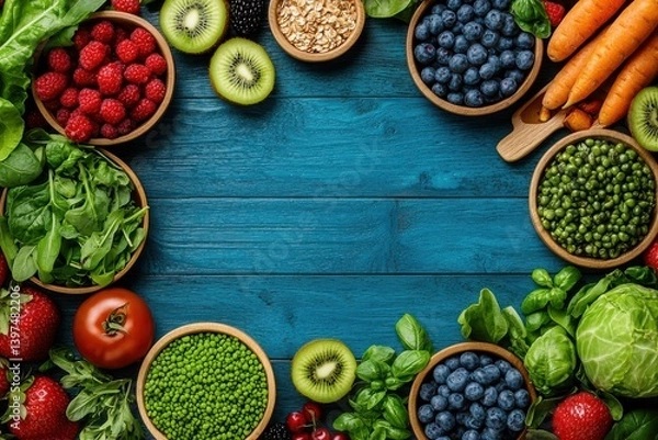 Fototapeta Assorted sliced fruits including kiwi strawberry blueberry and citrus arranged on textured blue wood surface forming colorful fruit layout for healthy diet and ingredient visuals