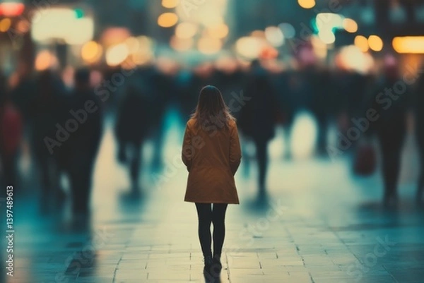Obraz A woman stands alone on a bustling city street, her silhouette accentuated by the blurred movement of a vibrant crowd.