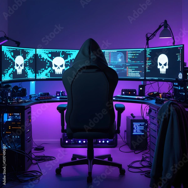 Obraz Step into a high-tech hacker workspace designed for cinematic projects, digital content creation, and futuristic design needs. This realistic hacker scene features a dark and moody environment,