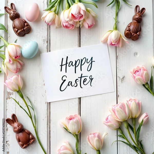 Fototapeta easter greeting card with chocolate bunnies, pastel tulips and eggs on rustic white wood