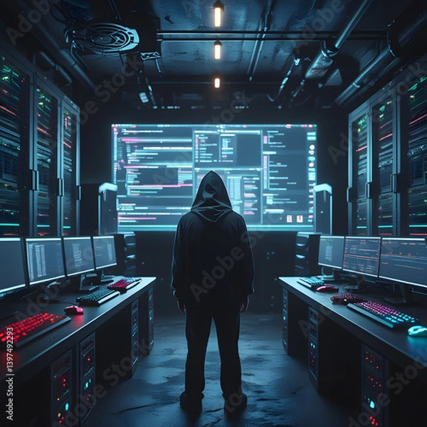 Obraz Step into a high-tech hacker workspace designed for cinematic projects, digital content creation, and futuristic design needs. This realistic hacker scene features a dark and moody environment,