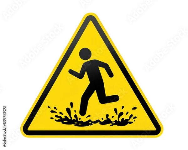 Fototapeta Caution sign depicting person running on slippery surface, emphasizing safety. bright yellow color and clear design convey warning about potential hazards