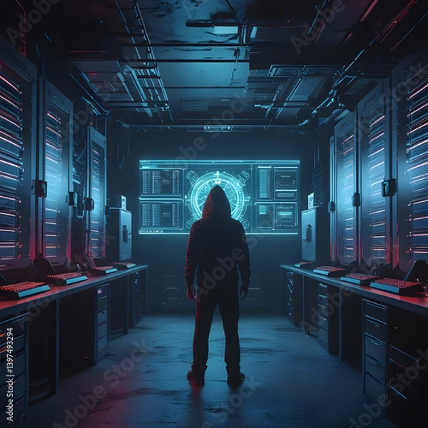 Obraz Step into a high-tech hacker workspace designed for cinematic projects, digital content creation, and futuristic design needs. This realistic hacker scene features a dark and moody environment,