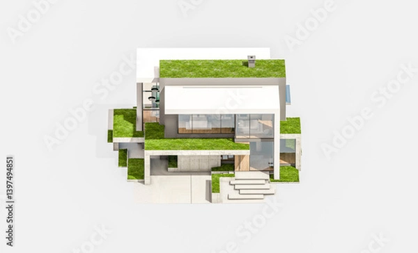 Fototapeta 3d rendering of flat roof house with parking and pool for sale or rent with concrete facade and beautiful landscaping on background. Isolated on white