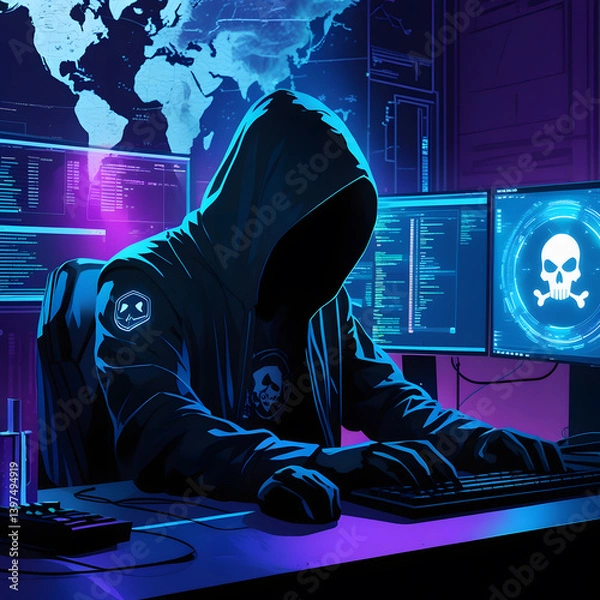 Obraz Step into a high-tech hacker workspace designed for cinematic projects, digital content creation, and futuristic design needs. This realistic hacker scene features a dark and moody environment,