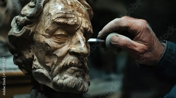 Obraz A sculptor carving a detailed wooden bust of a bearded man