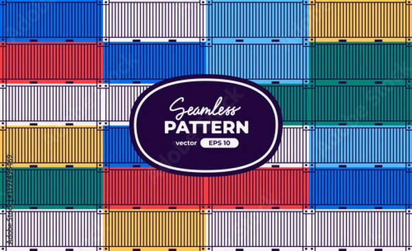 Fototapeta Cargo container set isolated. Box from different sides collection. Freight shipping containers stack. Cartoon design. Flat style vector illustration. Colorful.
