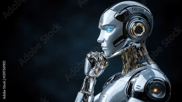 Fototapeta Futuristic robot head thinking in dark background